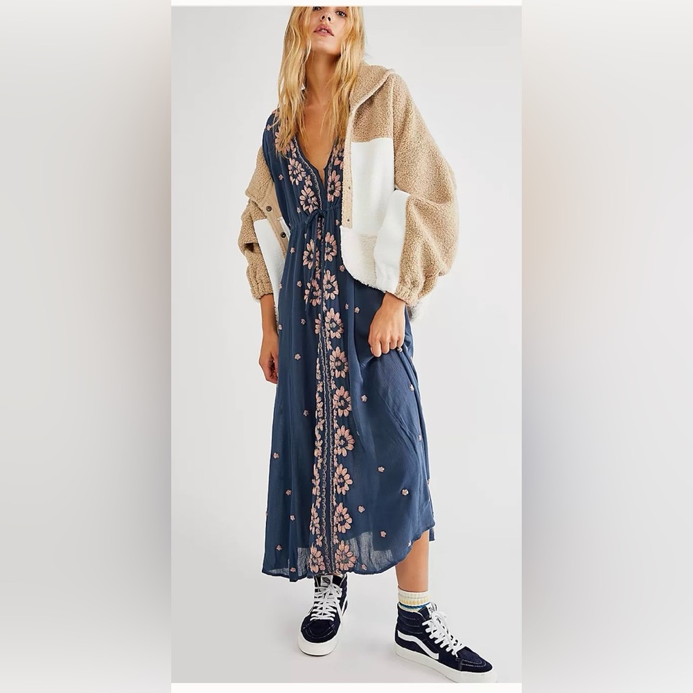 Floral Embroidered Blue Maxi Dress